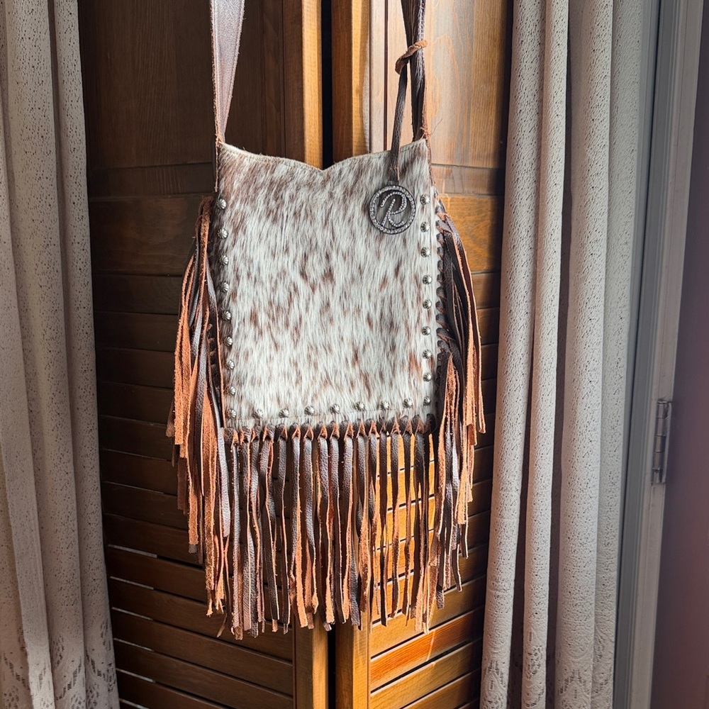 Brown and White cowhide and leather  Fringe Shoulder Bag